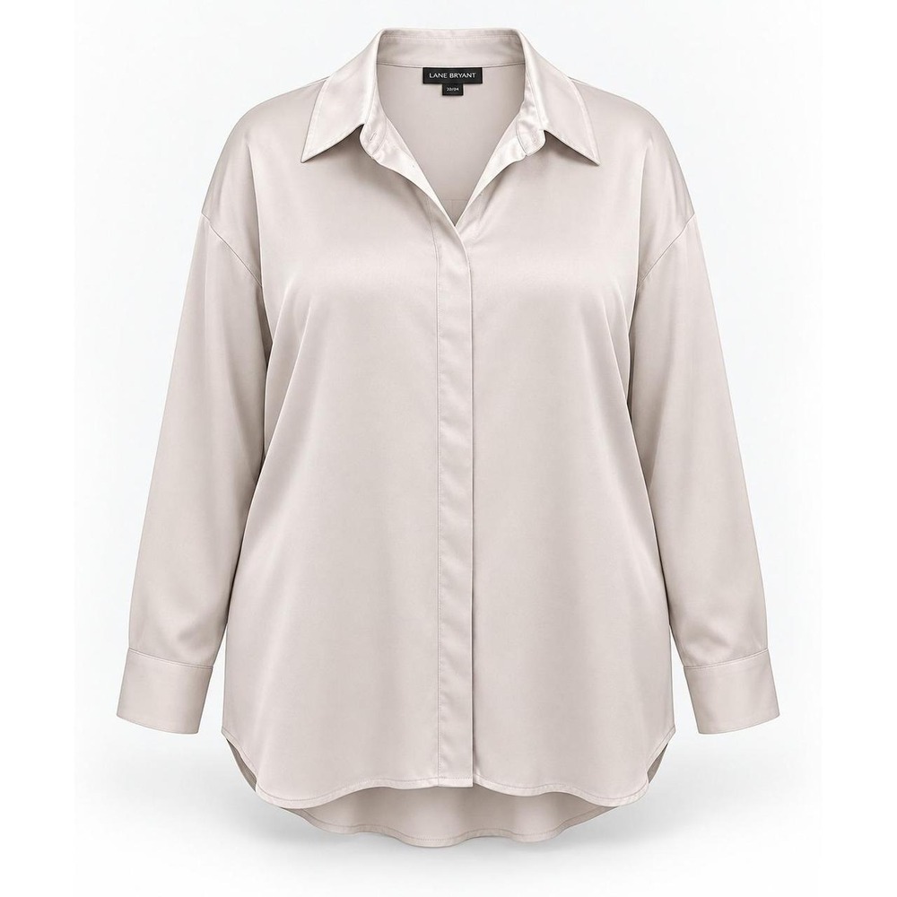 Lane Bryant Plus Size 22/24 Champagne Satin Button Down Blouse Long Sleeve Shirt